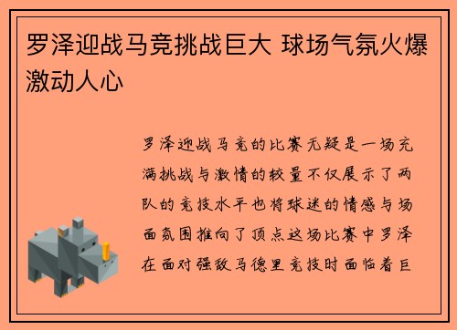 罗泽迎战马竞挑战巨大 球场气氛火爆激动人心