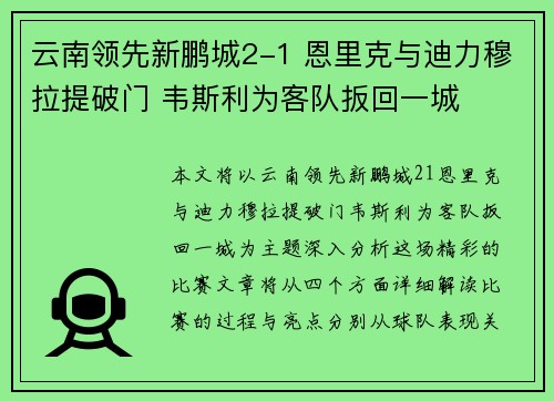 云南领先新鹏城2-1 恩里克与迪力穆拉提破门 韦斯利为客队扳回一城