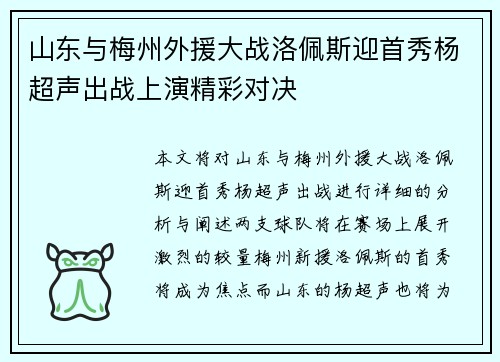 山东与梅州外援大战洛佩斯迎首秀杨超声出战上演精彩对决